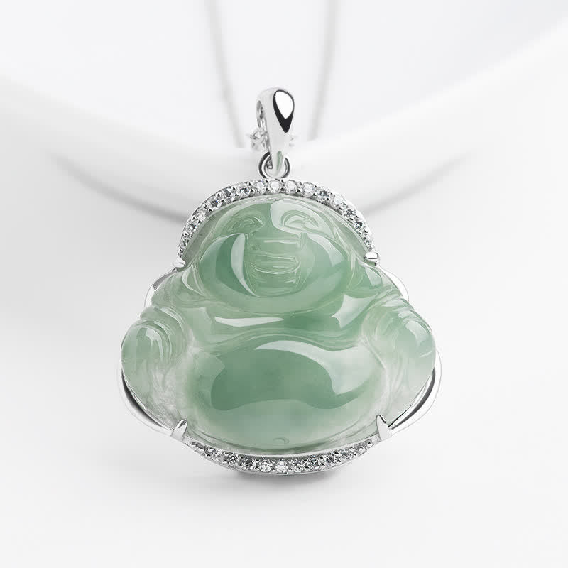 Buddha Stones 925 Sterling Silver Inlay Green Jade Laughing Buddha Luck Pendant Titanium Steel Chain Necklace - Jade(Luck♥Protection) - Titanium Steel Chain - image 0