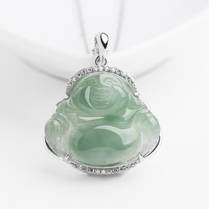 Buddha Stones 925 Sterling Silver Inlay Green Jade Laughing Buddha Luck Pendant Titanium Steel Chain Necklace - Jade(Luck♥Protection) - Titanium Steel Chain - image 0