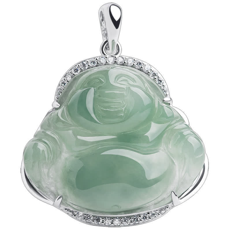Buddha Stones 925 Sterling Silver Inlay Green Jade Laughing Buddha Luck Pendant Titanium Steel Chain Necklace - image 10