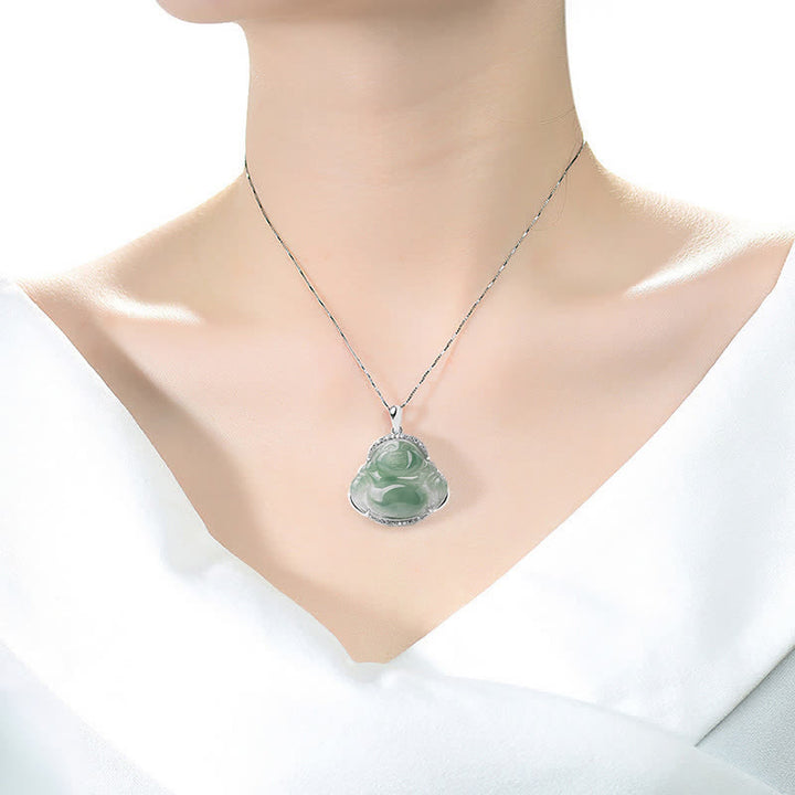Buddha Stones 925 Sterling Silver Inlay Green Jade Laughing Buddha Luck Pendant Titanium Steel Chain Necklace - image 9