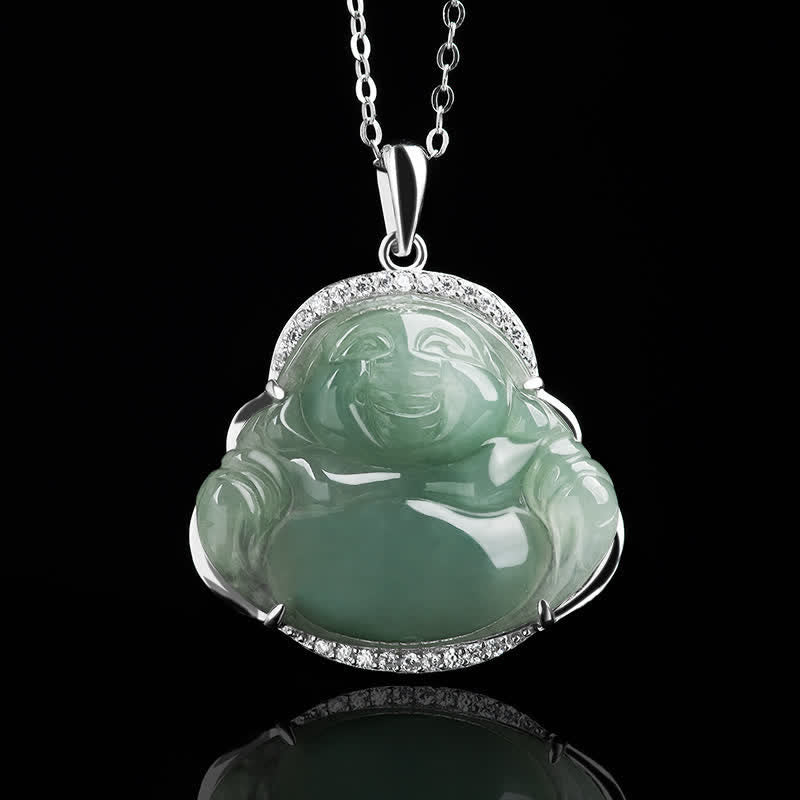 Buddha Stones 925 Sterling Silver Inlay Green Jade Laughing Buddha Luck Pendant Titanium Steel Chain Necklace - image 4