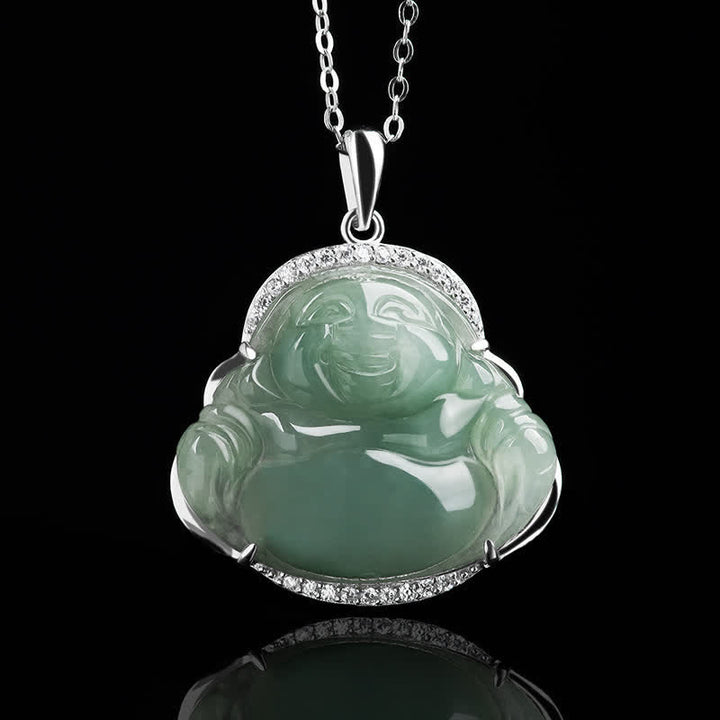 Buddha Stones 925 Sterling Silver Inlay Green Jade Laughing Buddha Luck Pendant Titanium Steel Chain Necklace - image 4