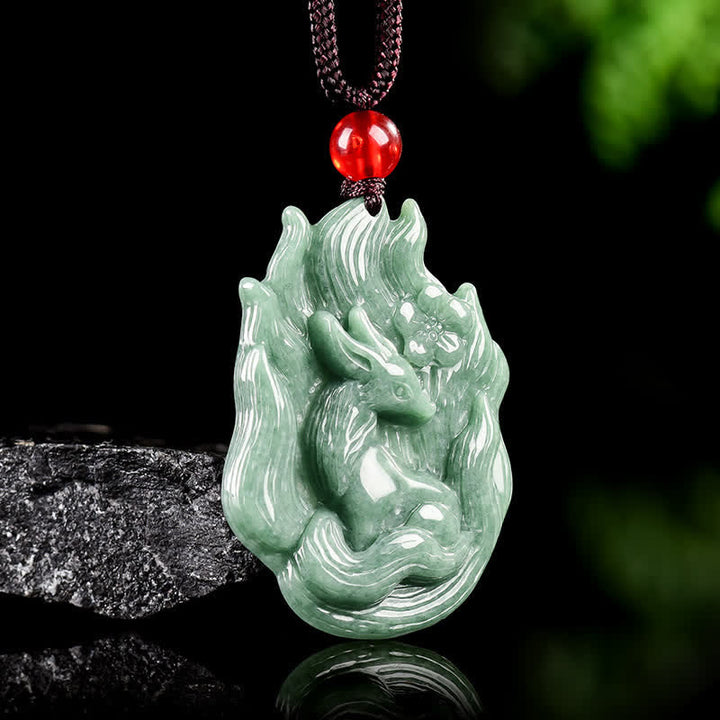 Buddha Stones Jade Nine-Tail Fox Luck Relief Carved Pendant Necklace - image 1