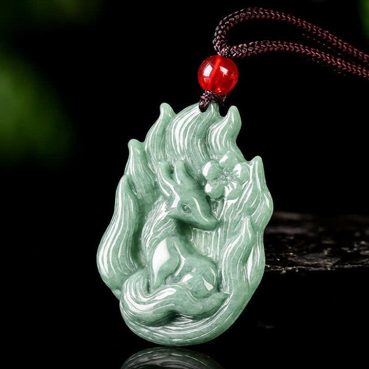 Buddha Stones Jade Nine-Tail Fox Luck Relief Carved Pendant Necklace - image 2