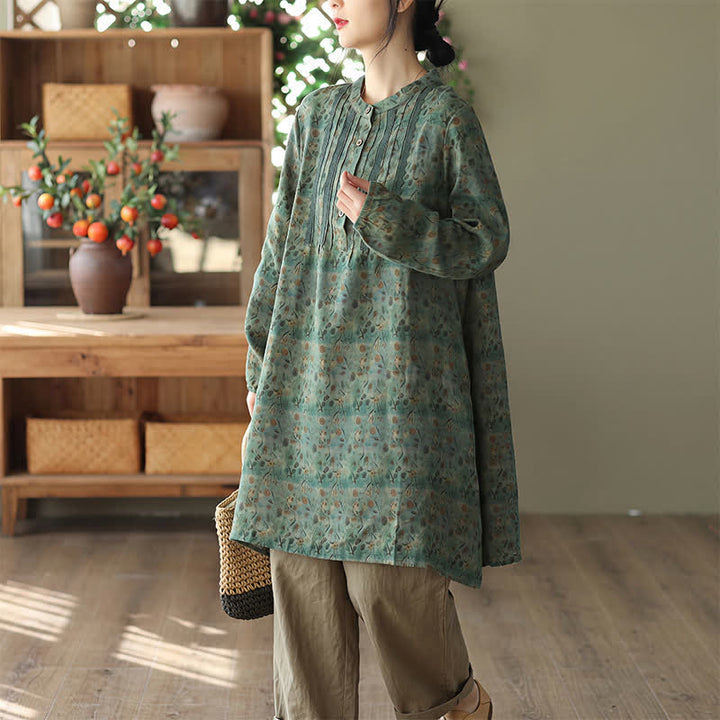 Buddha Stones Spring Fall Retro Boho Button-Up Striped Floral Women's Long Sleeve Dresses With Pocket - image 6