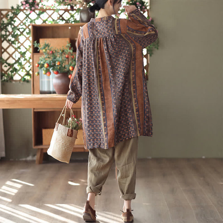 Buddha Stones Spring Fall Retro Boho Button-Up Striped Floral Women's Long Sleeve Dresses With Pocket - image 3
