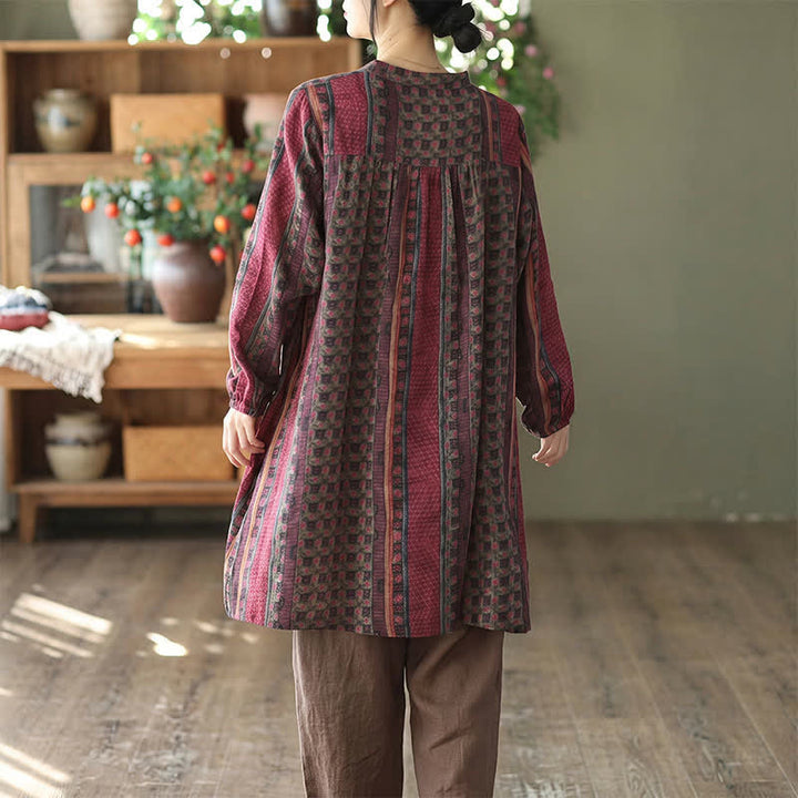 Buddha Stones Spring Fall Retro Boho Button-Up Striped Floral Women's Long Sleeve Dresses With Pocket - image 20