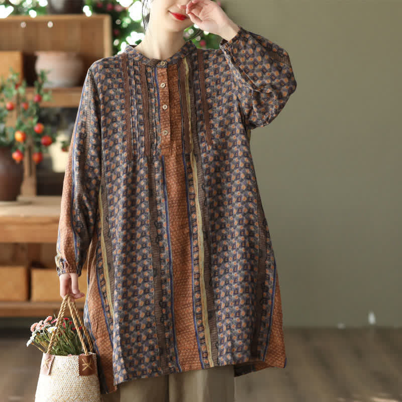 Buddha Stones Spring Fall Retro Boho Button-Up Striped Floral Women's Long Sleeve Dresses With Pocket - DarkGoldenrod - US14，UK/AU18，EU46 (2XL) - image 0