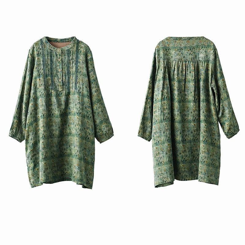 Buddha Stones Spring Fall Retro Boho Button-Up Striped Floral Women's Long Sleeve Dresses With Pocket - image 8