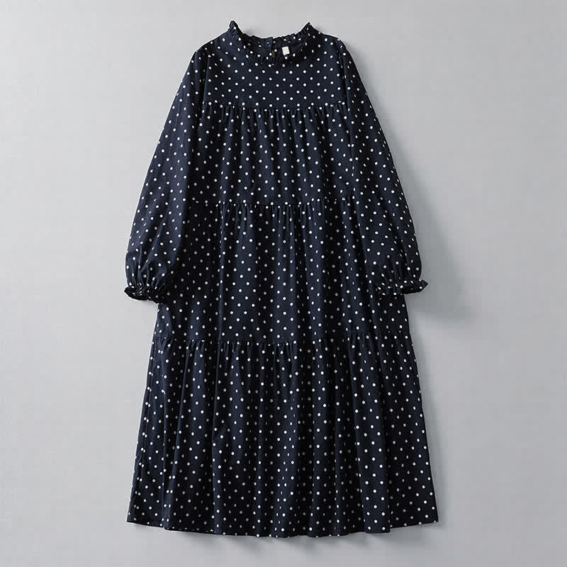 Buddha Stones Spring Vintage Tiered Polka Dot Women's Long Sleeve Dress With Pockets - Navy - US14, UK/AU18, EU46 (2XL) - image 0