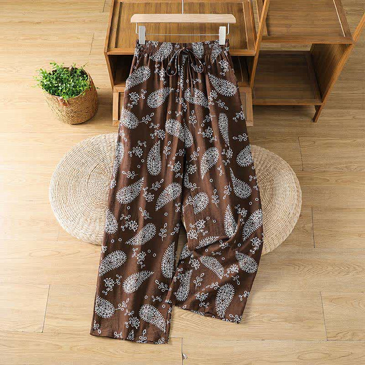 Buddha Stones Spring Summer Casual Bohemian Drawstring Paisley Ankle Pants Women's Straight Leg Pants With Pocket - SaddleBrown - US8-10, UK/AU12-14, EU40-42 (2XL) - image 0
