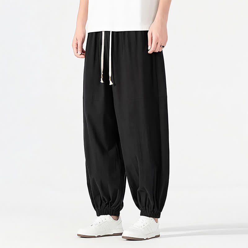 Buddha Stones Spring Summer Casual Minimalist Drawstring Solid Cotton Linen Ankle Pants Men's Harem Pants With Pocket - Black - US/UK/AU54, EU64 (9XL) - image 5