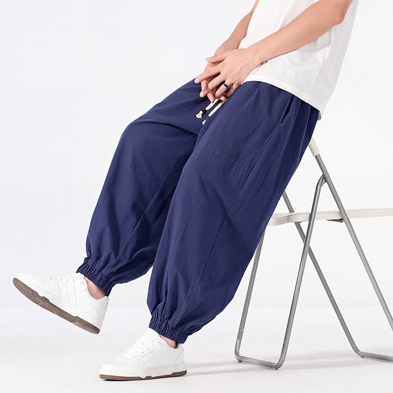Buddha Stones Spring Summer Casual Minimalist Drawstring Solid Cotton Linen Ankle Pants Men's Harem Pants With Pocket - image 4