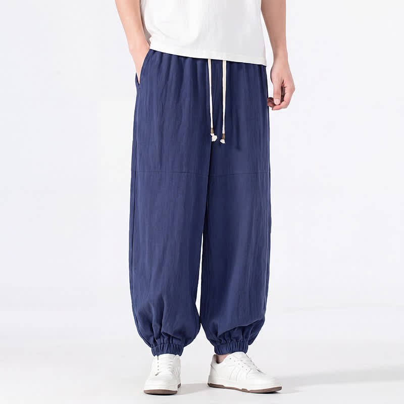 Buddha Stones Spring Summer Casual Minimalist Drawstring Solid Cotton Linen Ankle Pants Men's Harem Pants With Pocket - image 1