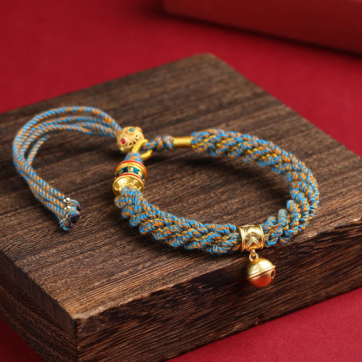 Buddha Stones Hand-Woven Tibetan Om Mani Padme Hum Wisdom Bell Charm Multicolor Rope Bracelet - Khaki Blue(Wrist Circumference: 5.9–6.7 in / 15–17 cm) - image 8