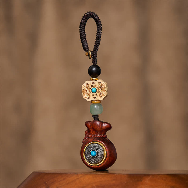 Buddha Stones Red Sandalwood Green Sandalwood Om Mani Padme Hum Blessing Chinese Coin Money Bag Design Serenity Keychains - Red Sandalwood - Keychain - image 0