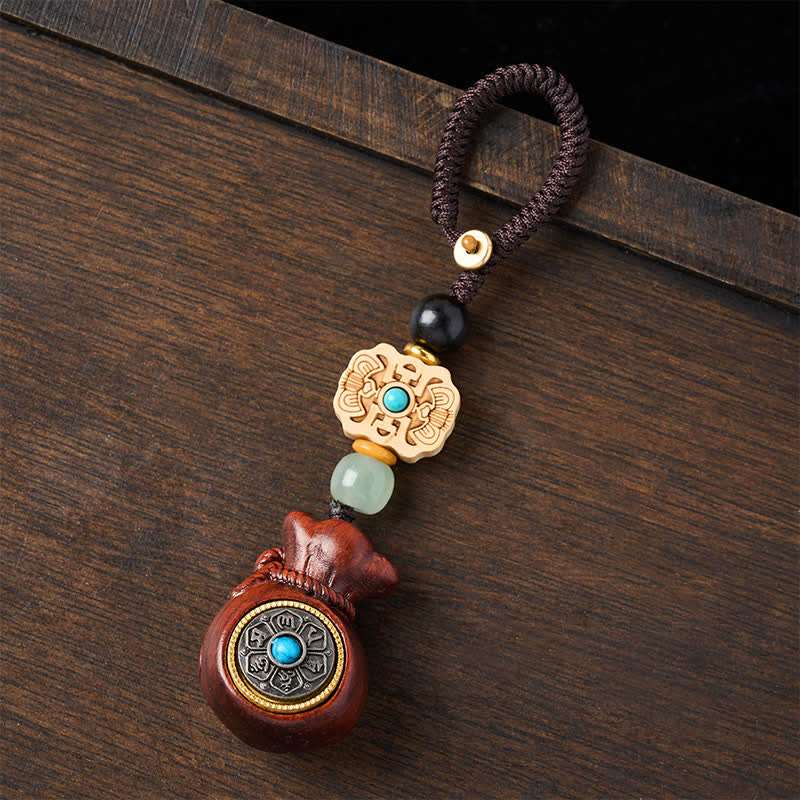 Buddha Stones Red Sandalwood Green Sandalwood Om Mani Padme Hum Blessing Chinese Coin Money Bag Design Serenity Keychains - image 1