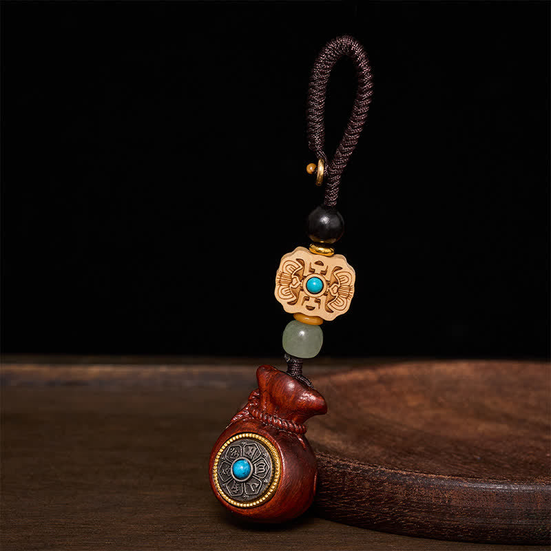 Buddha Stones Red Sandalwood Green Sandalwood Om Mani Padme Hum Blessing Chinese Coin Money Bag Design Serenity Keychains - image 3