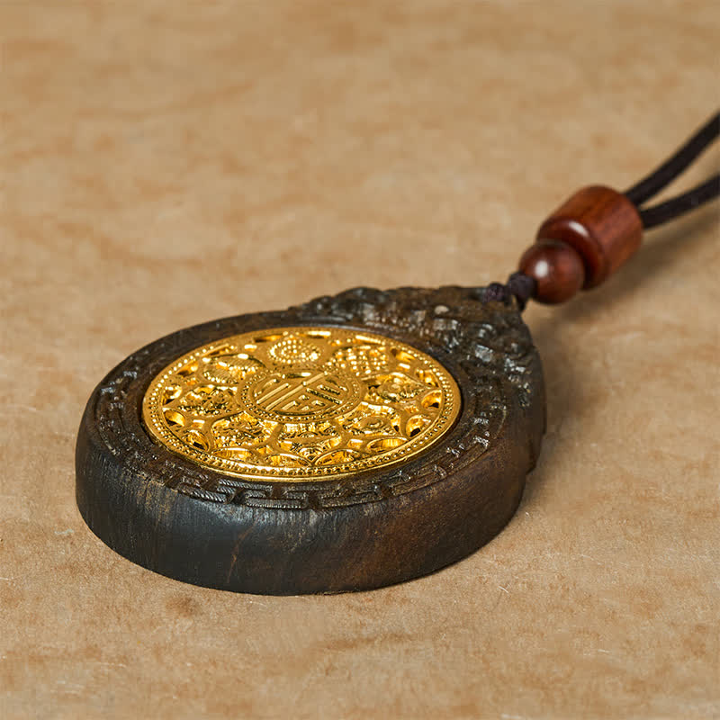 Buddha Stones Auspicious Beast Sappanwood Hand Carved Fu Character Blessing Pendant Necklace - image 3