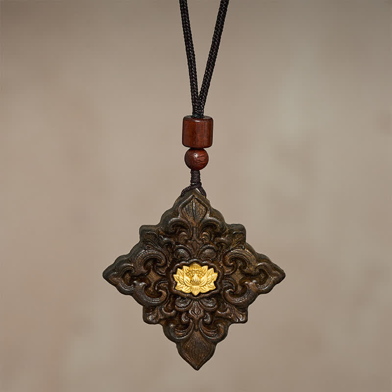 Buddha Stones Sappanwood Lotus Carved Square Shape Enlightenment Pendant Necklace - image 2