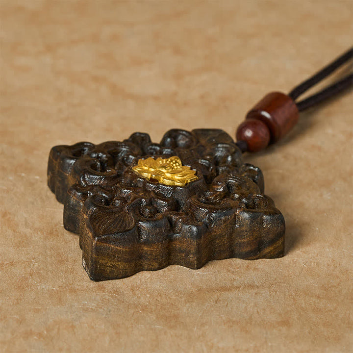 Buddha Stones Sappanwood Lotus Carved Square Shape Enlightenment Pendant Necklace - image 3