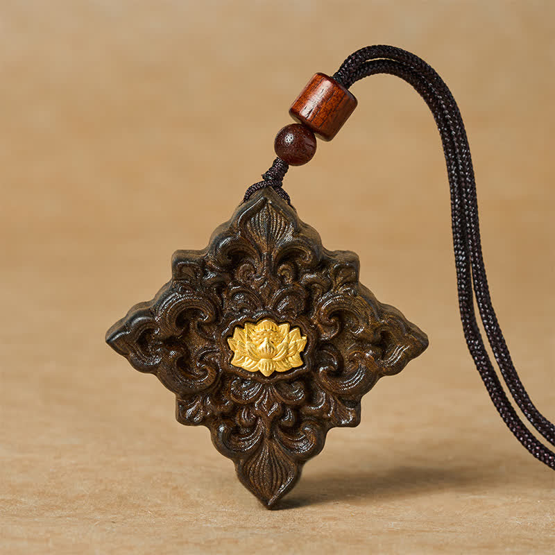 Buddha Stones Sappanwood Lotus Carved Square Shape Enlightenment Pendant Necklace - Auspicious Lotus - image 0