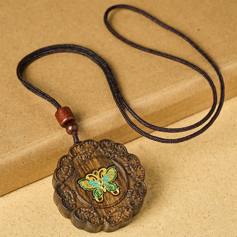 Buddha Stones Transformation Carved Sappanwood Wooden Butterfly Pendant Necklace - image 1