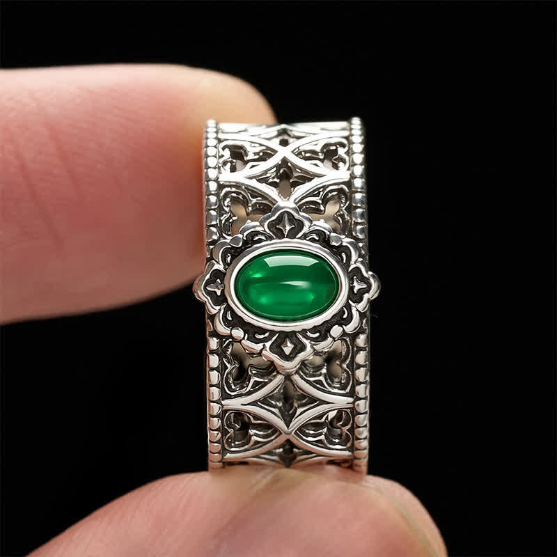 Buddha Stones Vintage Green Agate Balance Engraved Open Ring - image 3