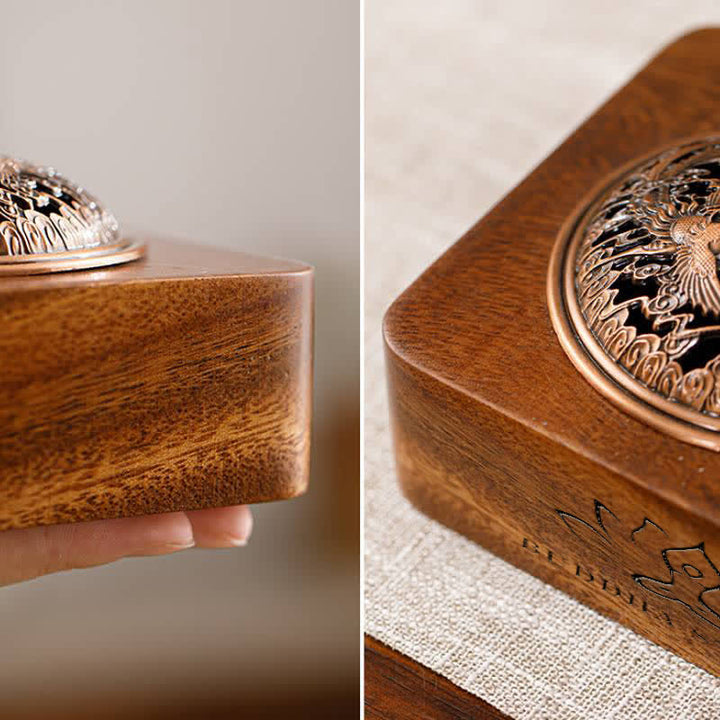 Buddha Stones Peach Wood Dragon Phoenix Protection Square Incense Burners - image 11