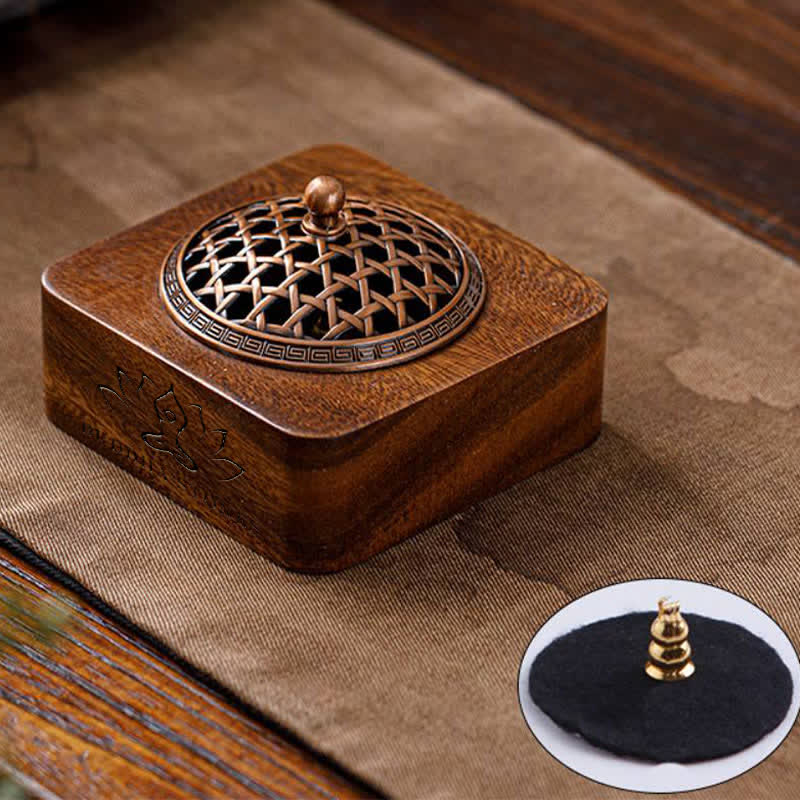 Buddha Stones Peach Wood Dragon Phoenix Protection Square Incense Burners - Woven Design - image 16