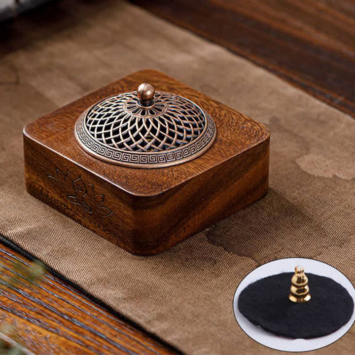 Buddha Stones Peach Wood Dragon Phoenix Protection Square Incense Burners - Lotus Design - image 0