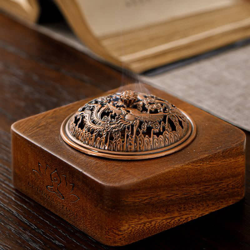 Buddha Stones Peach Wood Dragon Phoenix Protection Square Incense Burners - image 4