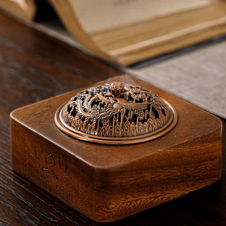 Buddha Stones Peach Wood Dragon Phoenix Protection Square Incense Burners - image 4