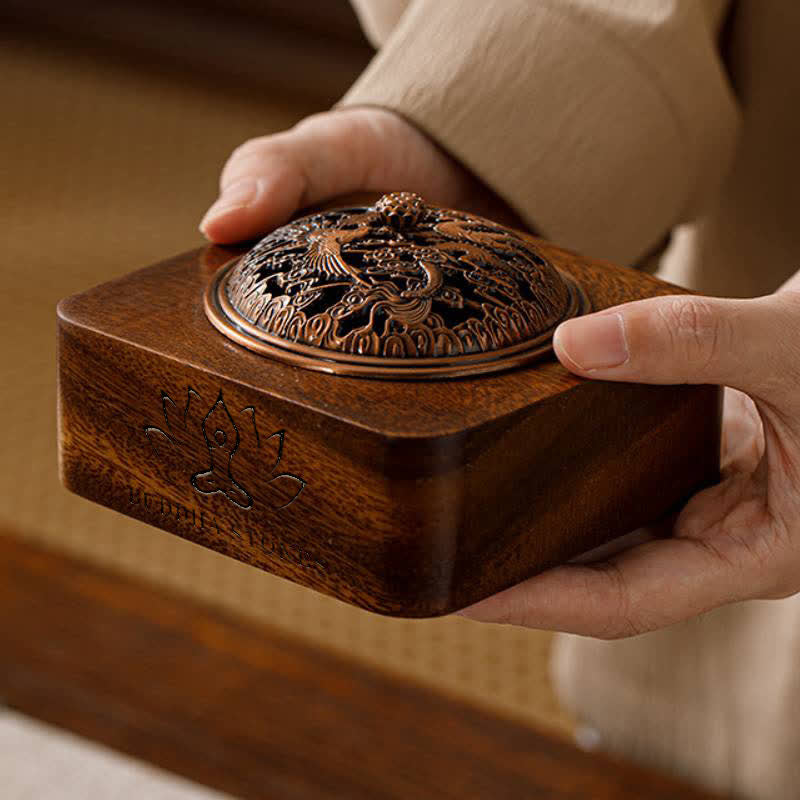 Buddha Stones Peach Wood Dragon Phoenix Protection Square Incense Burners - image 6