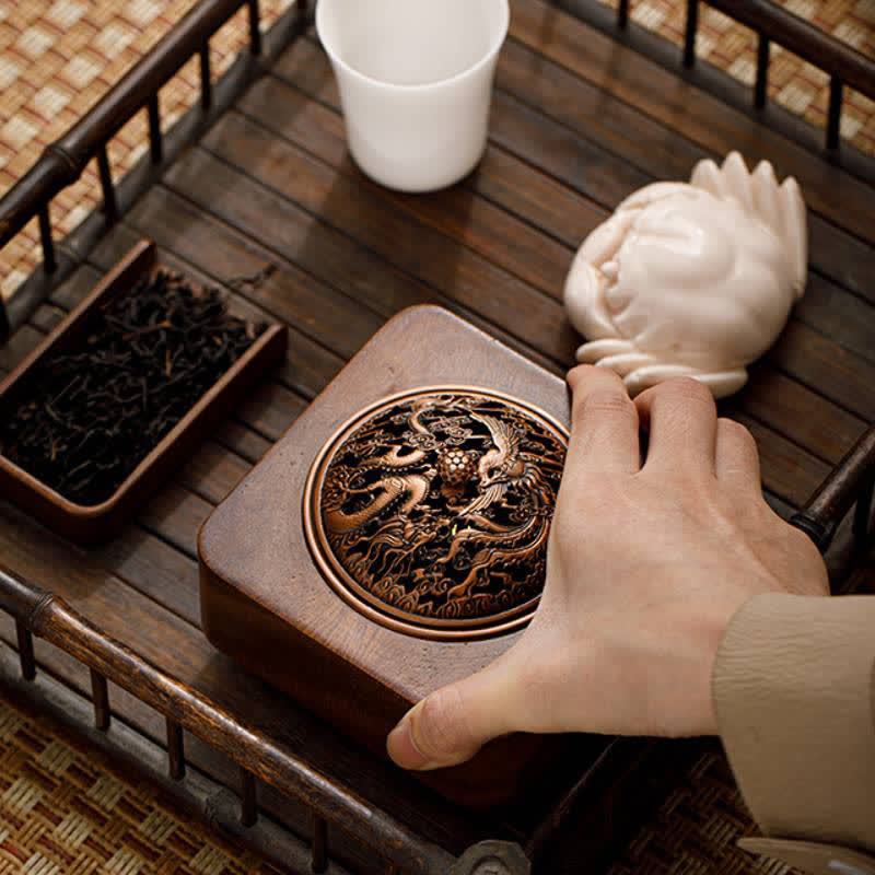 Buddha Stones Peach Wood Dragon Phoenix Protection Square Incense Burners - image 7