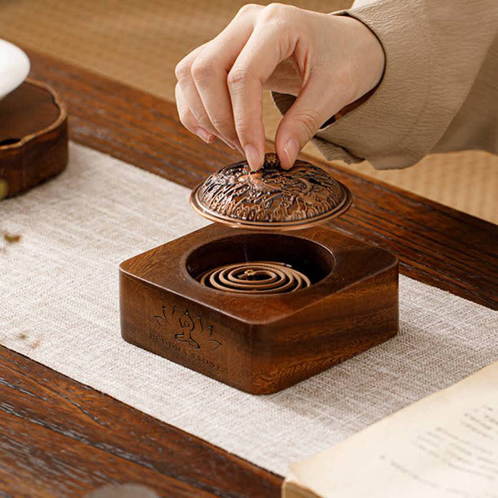 Buddha Stones Peach Wood Dragon Phoenix Protection Square Incense Burners - image 9
