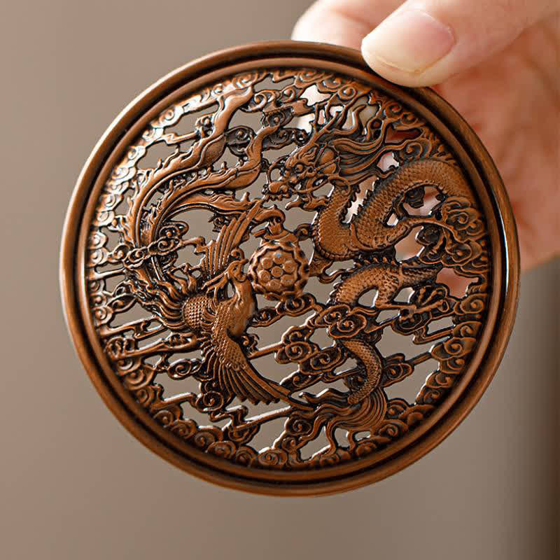 Buddha Stones Peach Wood Dragon Phoenix Protection Square Incense Burners - image 12