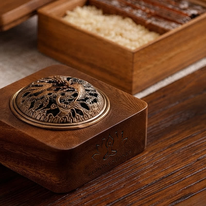 Buddha Stones Peach Wood Dragon Phoenix Protection Square Incense Burners - image 8