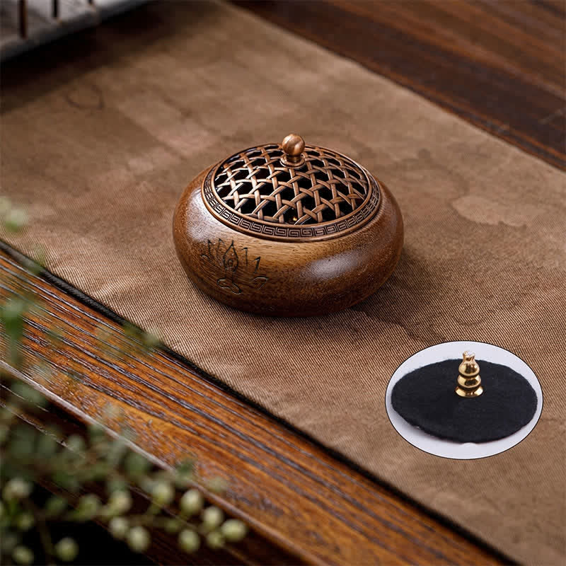 Buddha Stones Peach Wood Dragon Phoenix Strength Round Incense Burner - Woven Design - image 2