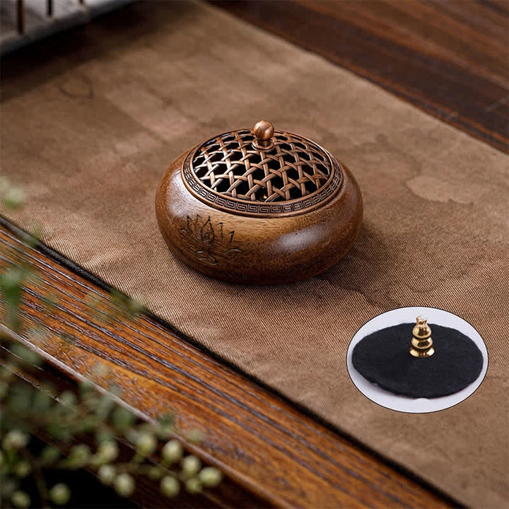 Buddha Stones Peach Wood Dragon Phoenix Strength Round Incense Burner - Woven Design - image 2
