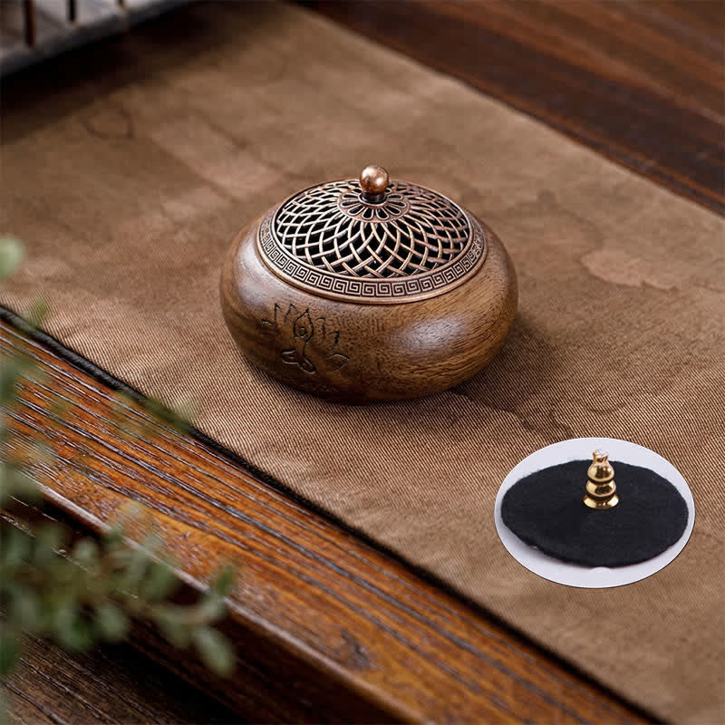 Buddha Stones Peach Wood Dragon Phoenix Strength Round Incense Burner - Lotus Design - image 1