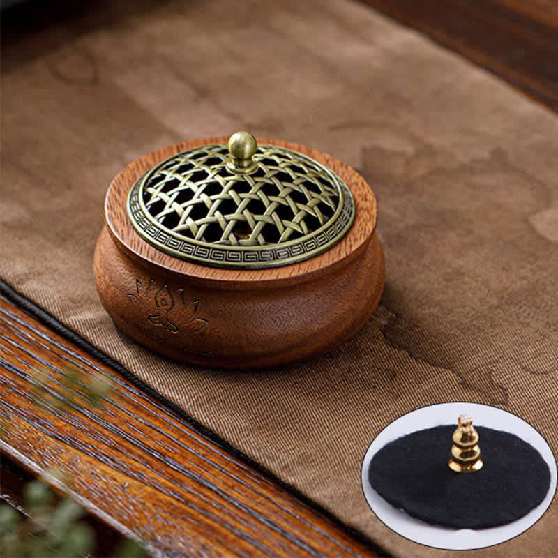 Buddha Stones Peach Wood Dragon Phoenix Luck Round Bag Incense Burner - Jar-shaped - Green Woven Design - image 1
