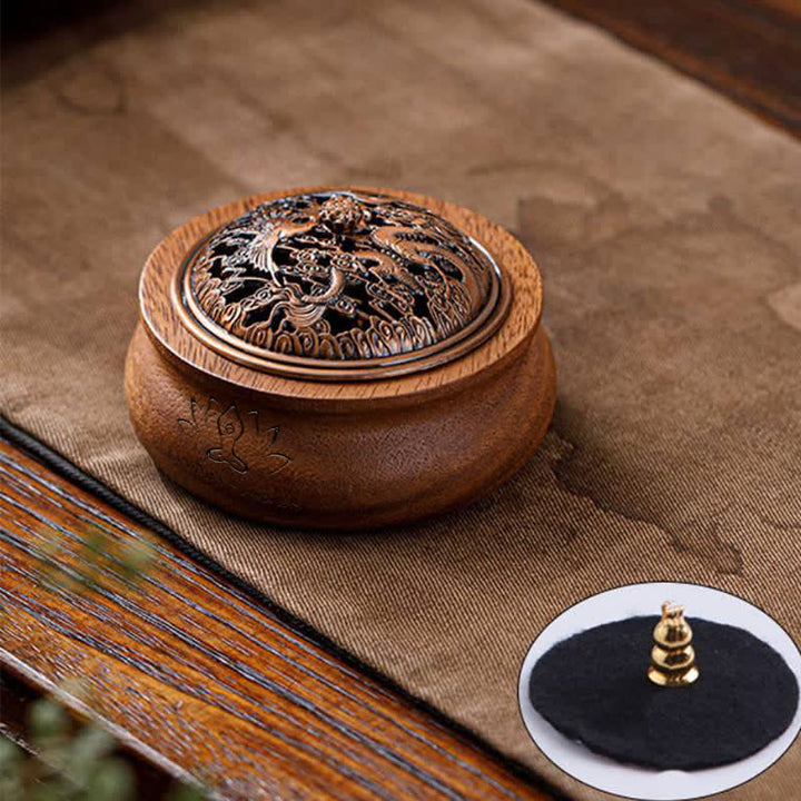 Buddha Stones Peach Wood Dragon Phoenix Luck Round Bag Incense Burner - Jar-shaped - Dragon Phoenix - image 2