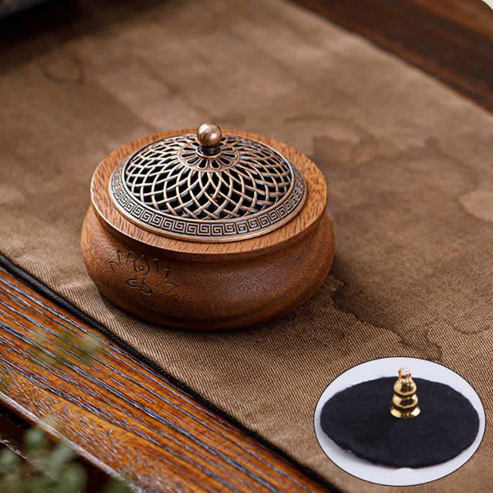 Buddha Stones Peach Wood Dragon Phoenix Luck Round Bag Incense Burner - Jar-shaped - Lotus Design - image 3