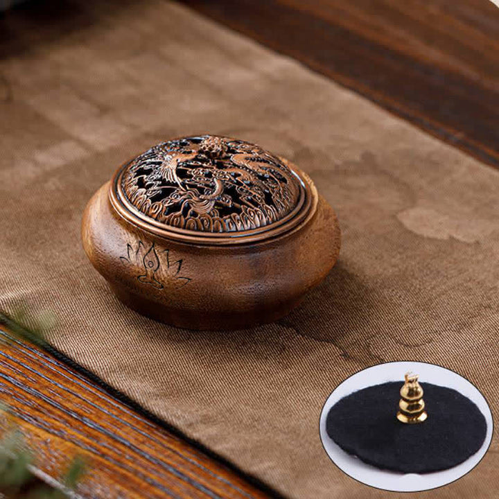 Buddha Stones Peach Wood Dragon Phoenix Luck Round Bag Incense Burner - Bowl-shaped - Dragon Phoenix - image 9