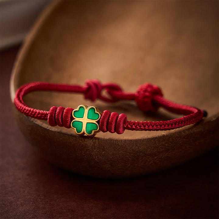 Buddha Stones Hand-Woven Red Rope Heart-Shaped Green Four Leaf Clover Luck Bracelet - image 12
