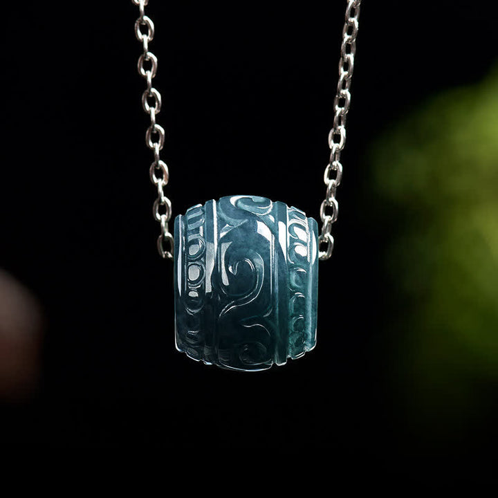 Buddha Stones Jade Engraved Harmony Barrel Pendant Titanium Steel Chain Necklace - Natural Jade(Color May Vary) - Titanium Steel Chain - image 0