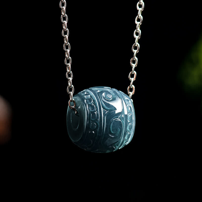 Buddha Stones Jade Engraved Harmony Barrel Pendant Titanium Steel Chain Necklace - image 2
