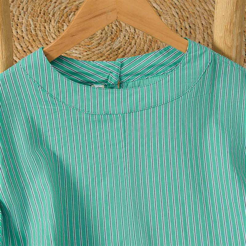 Buddha Stones Spring Casual Minimalist Green Striped Crew Neck Women's Long Sleeve T-Shirt - image 2