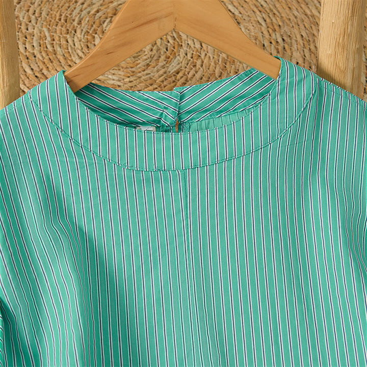 Buddha Stones Spring Casual Minimalist Green Striped Crew Neck Women's Long Sleeve T-Shirt - image 2